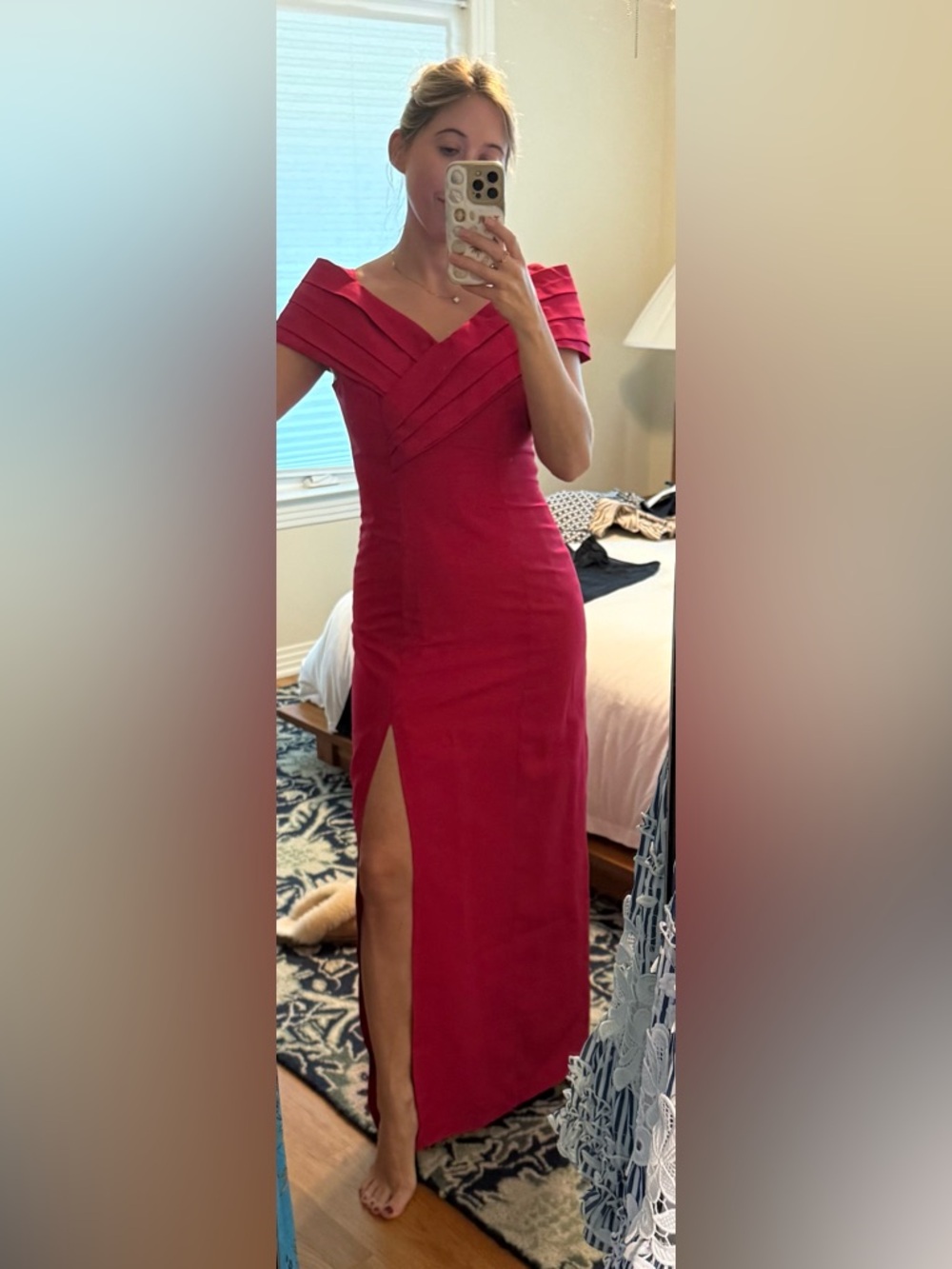 Vintage Off-Shoulder Dark Pink Evening Gown